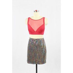 FREDERICK'S OF HOLLYWOOD Black Rainbow Stretch Sequin Mini Slip Skirt, Size M